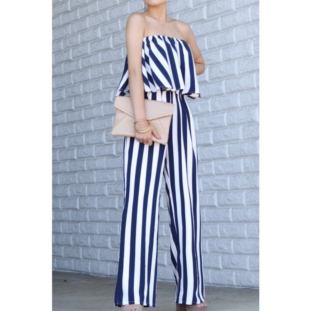 Striped sleeveless jumpsuit-Navy (M)
